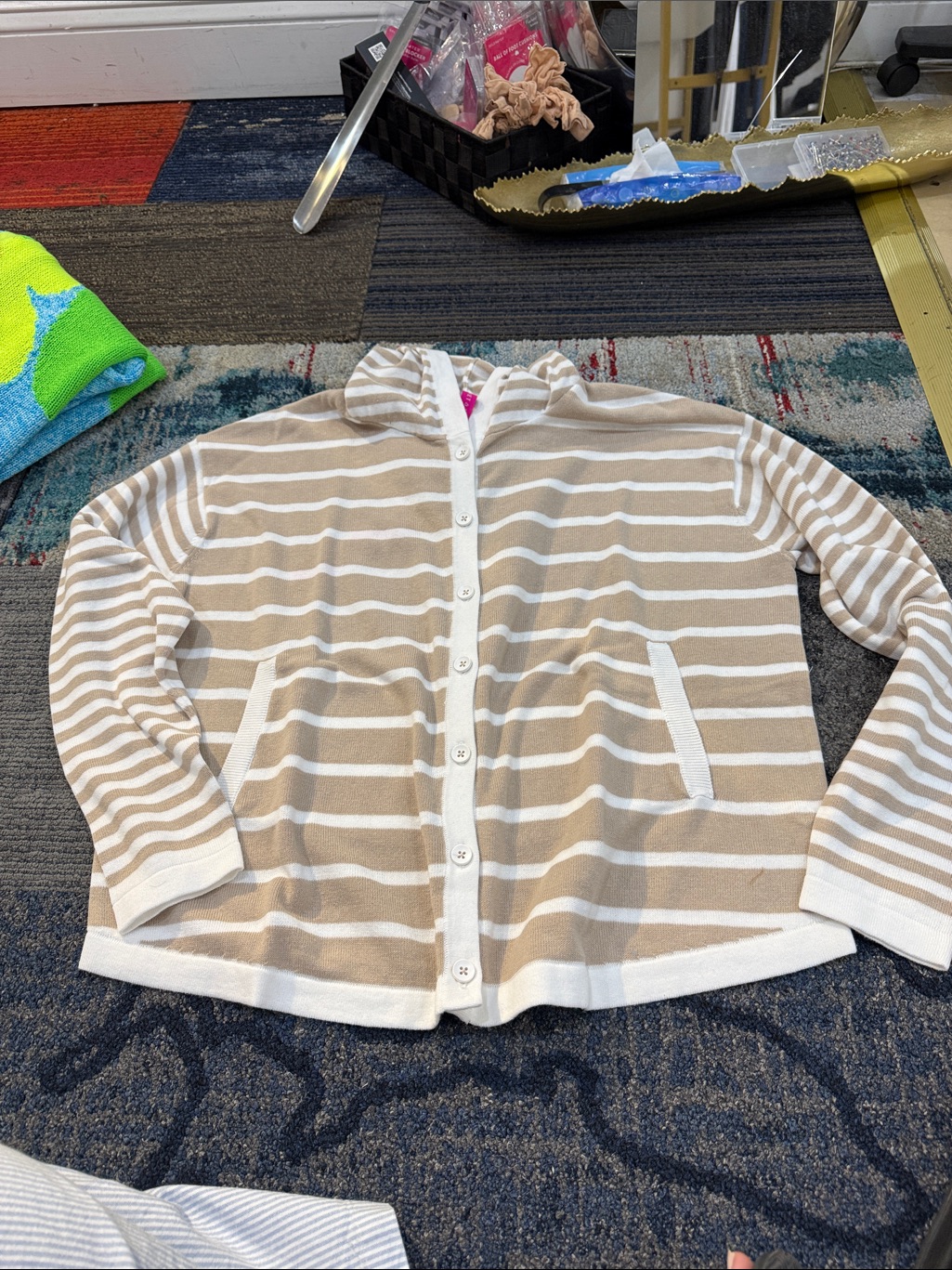 Zaket & Plover Beige & White Striped Button-Up Hoodie Zp8409u